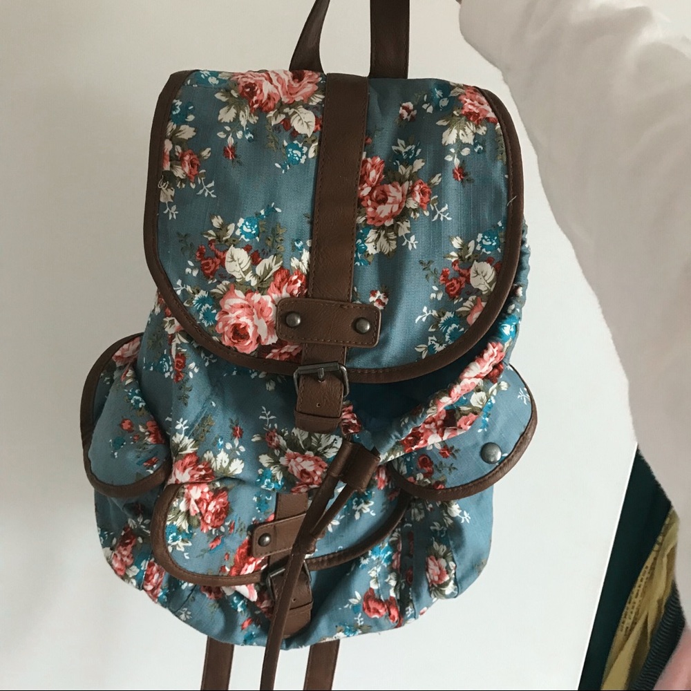 blue floral backpack
